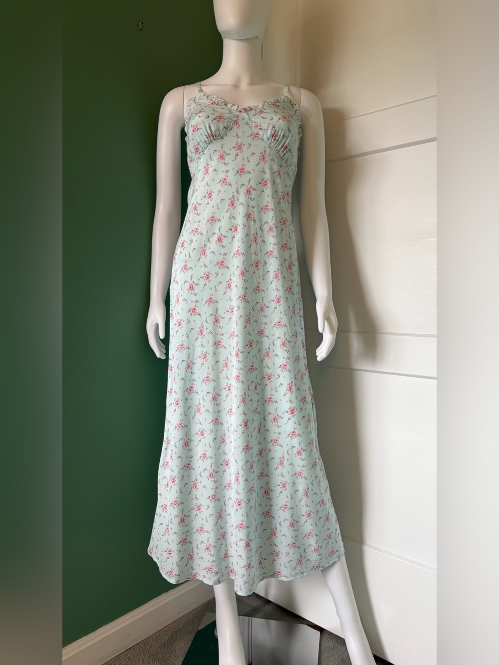 GAP Mint Green Ruffle Trim Floral Maxi Slip Dress